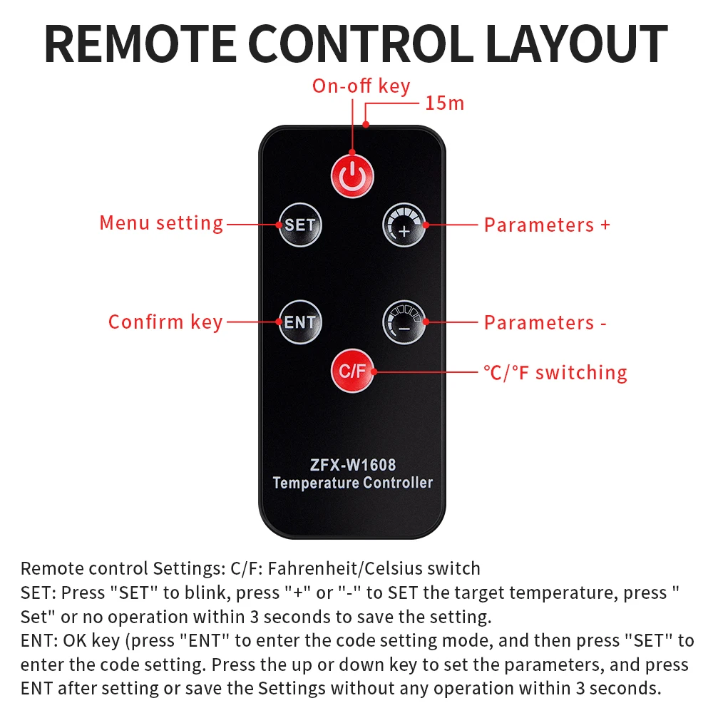 W1608 LED Display Digital Temperature Controller DC 12V Heat Cool Aarm Control Thermostat with NTC Sensor Remote Control