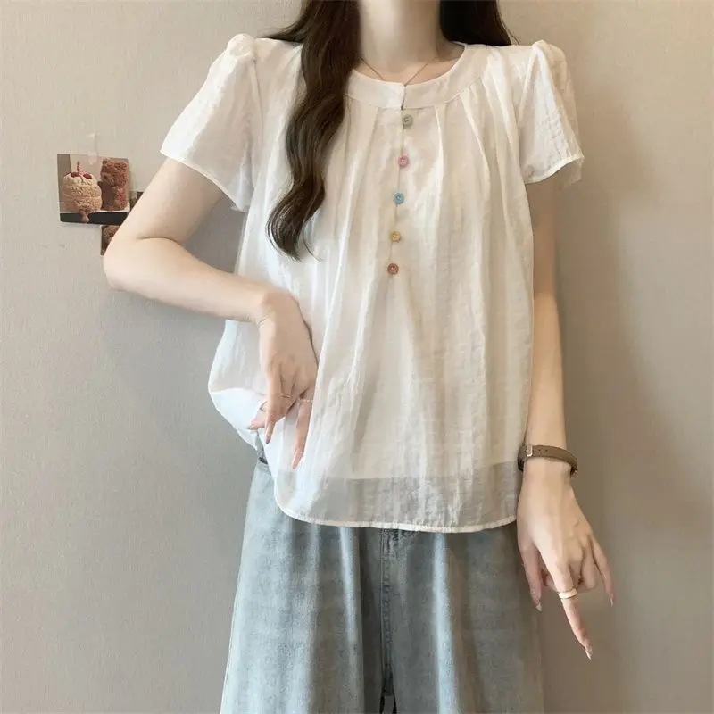 Women Summer Casual Loose Fashion Pleated Solid Color O-neck Short Sleeve Shirts Women Clothes Trend All-match Appear Thin Tops