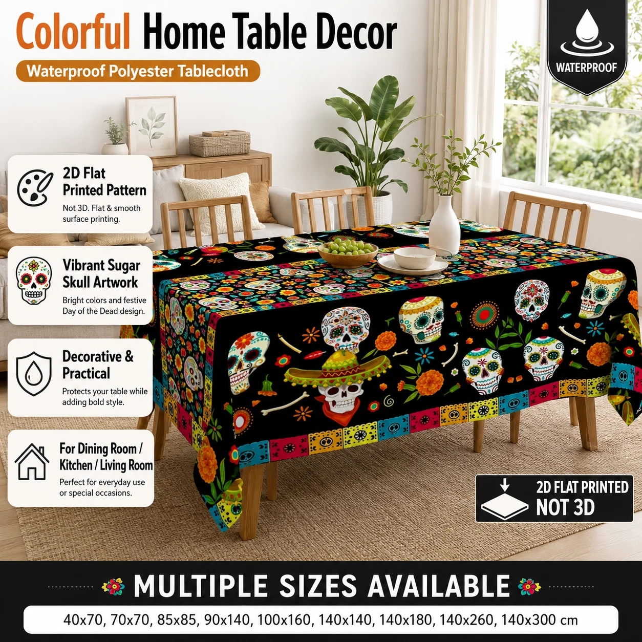 

Mexican Sugar Skull Tablecloth Waterproof Polyester Day Of The Dead 2D Flat Printed Table Cover For Dining Room Party Decor