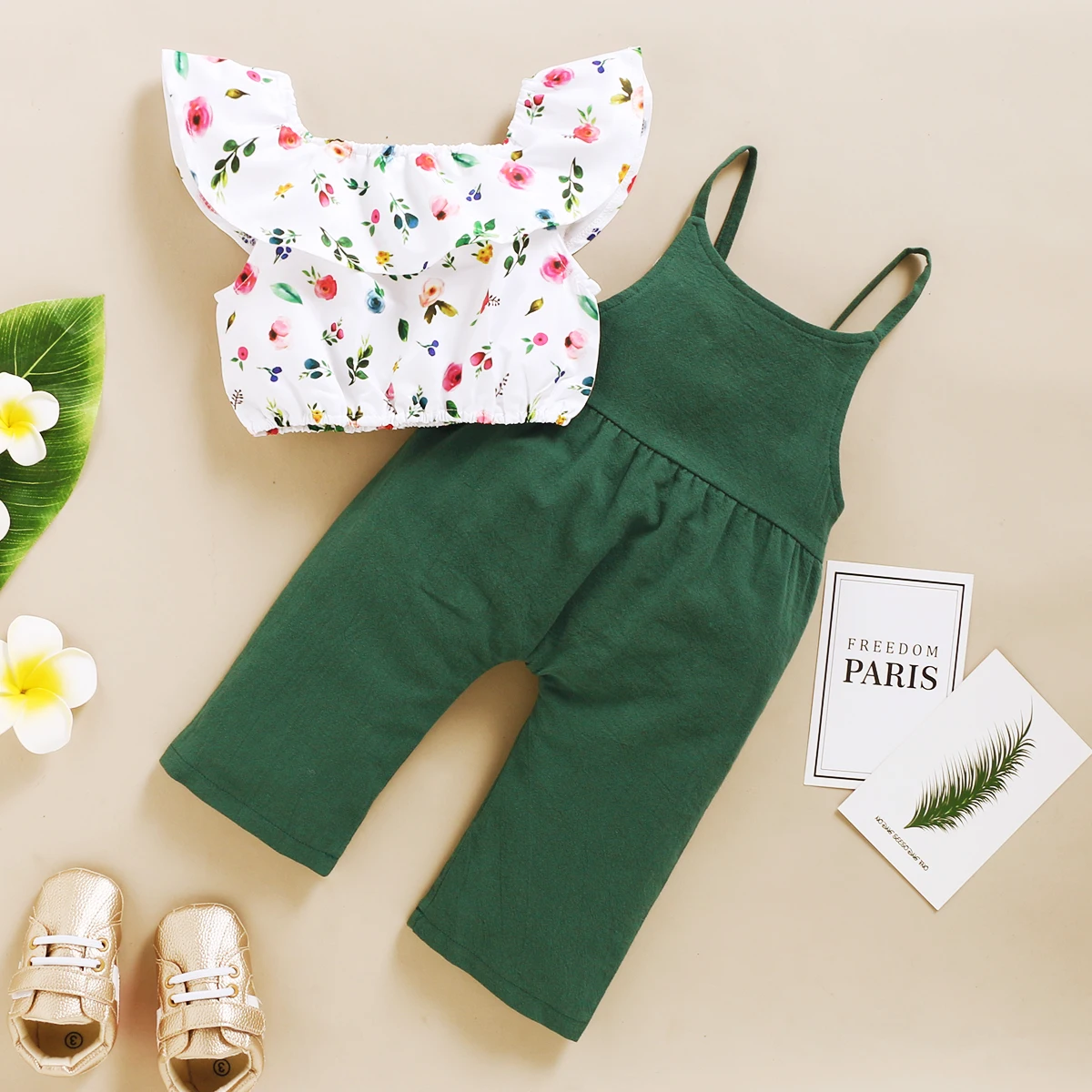 2PCS Clothing Set Kids Girl Floral Print Lotus Leaf Short Top+Suspender Pant Summer Fashion Outfits for Toddler Girl 1-5Years