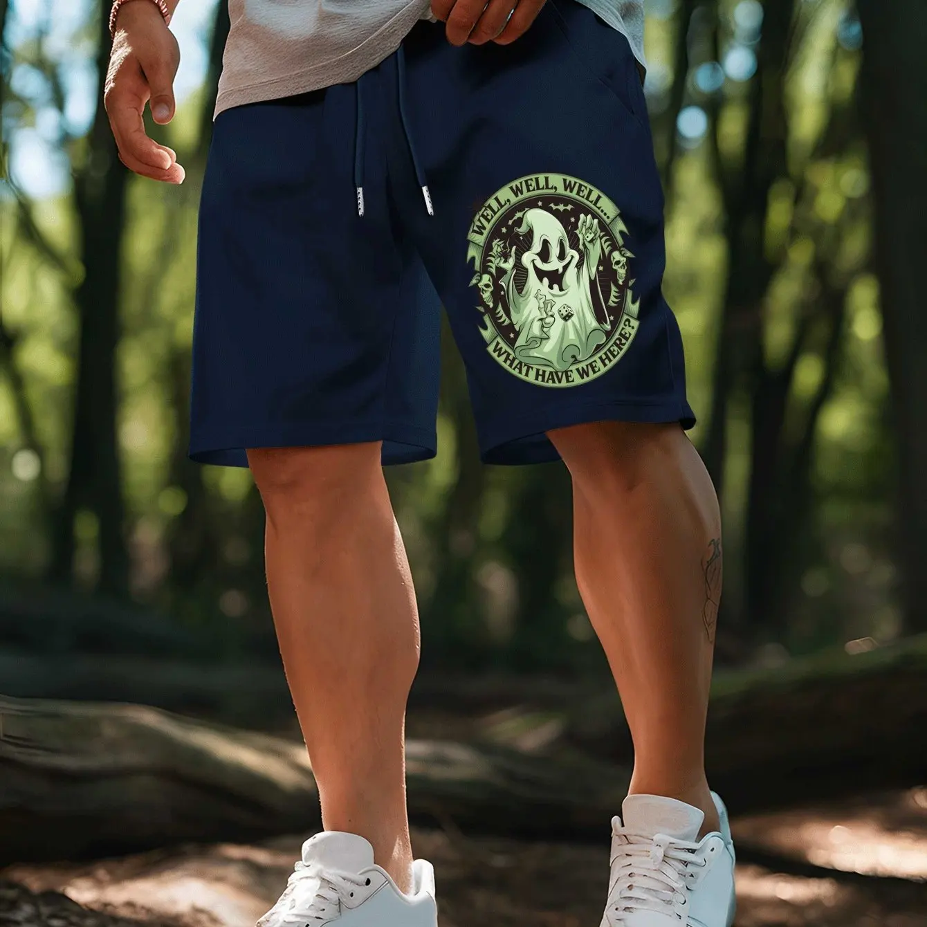 Men's Gothic Style Skull Print Casual Shorts Elastic Waistband Drawstring Summer Swimming Shorts Halloween Costume