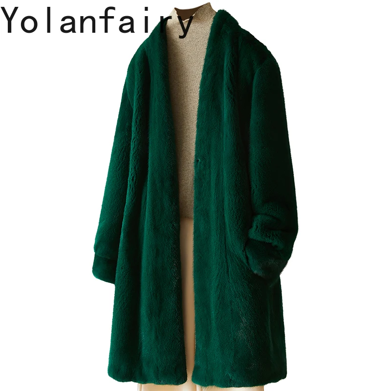 YOLANFAIRY معطف الفرو الطبيعي النساء ملابس الخريف الشتاء منتصف طول كامل فرو المنك الستر للمرأة الخامس الرقبة معاطف الفرو الأخضر