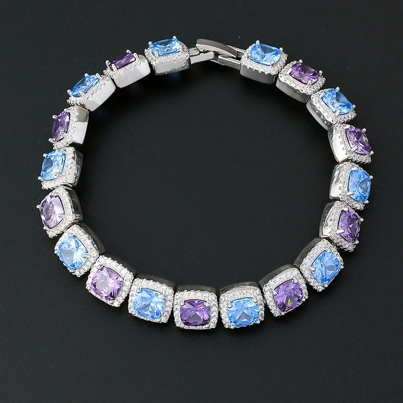 

10MM Hip Hop Claw Setting Blue Purple CZ Stone Bling Iced Out Tennis Chain Bracelets for Women Men Rapper Jewelry