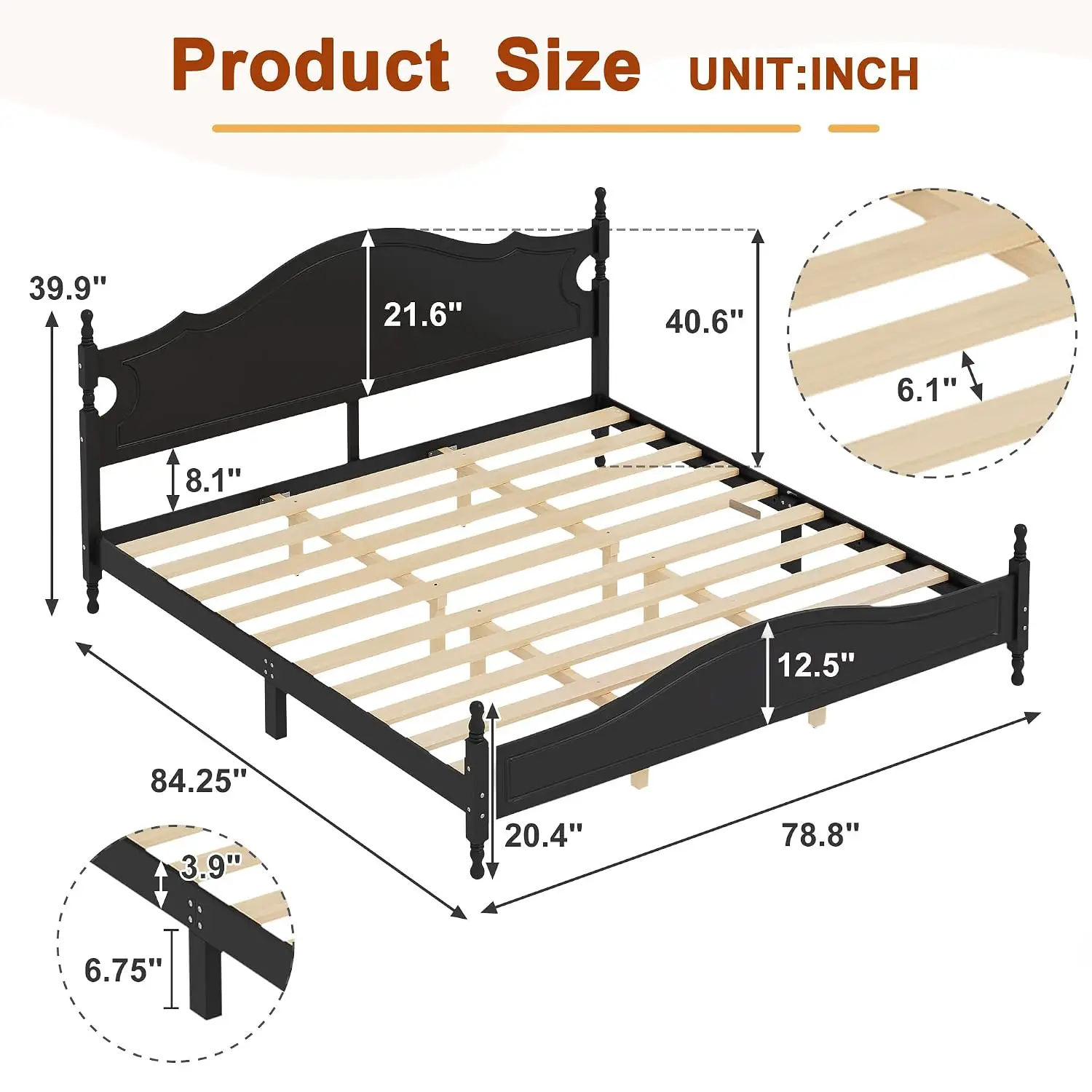 Solid Wood King Bed Frame Retro Platform with Headboard & Footboard, Heavy Duty 10 Slats Support Noiseless, Customized