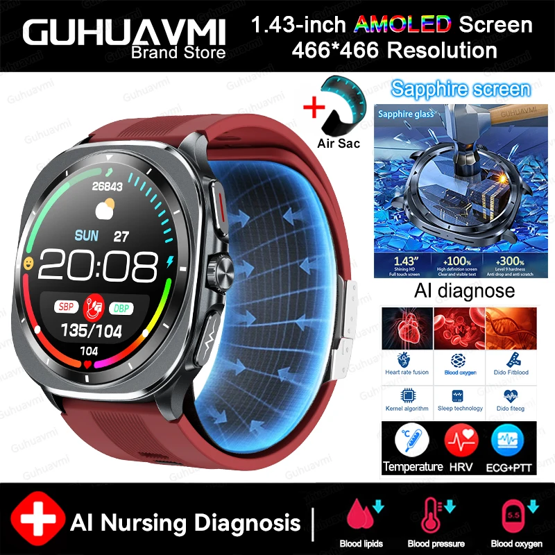 2025 New Health Nursing Accurate Measure Blood pressure Smart Watch With Air pump airbag Blood lipids Uric acid Smartwatch Men