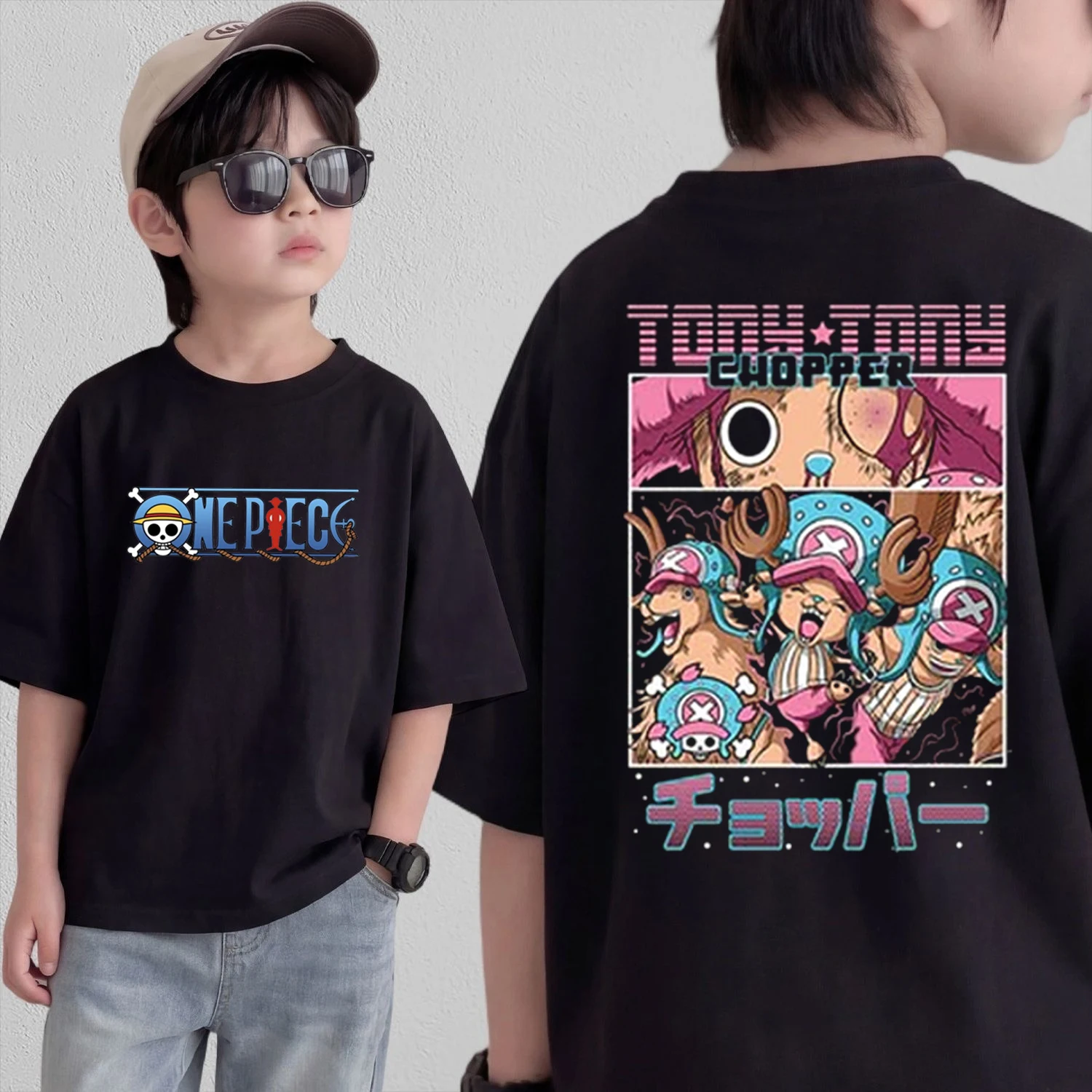 

Anime One Piece Cosplay T-Shirt Cotton Short Sleeve Tops Casual Loose Retro T-Shirt Men Women Kids Family Matching Outfits