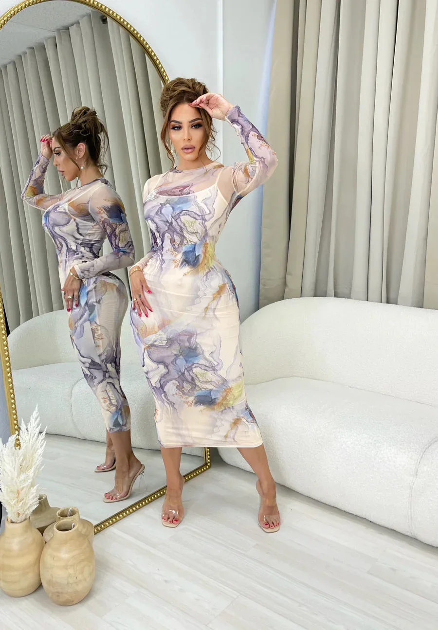 BWQ Women Tie Dye Printed Mesh Long Sleeve Bodycon Midi Maxi Dress 2024 Autumn Vestidos Sexy Party Dresses