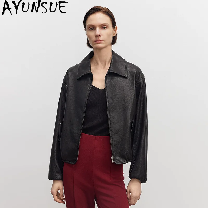 AYUNSUE リアルヤギ革本革ジャケット女性 2025 新スタイルレディースバイクジャケット春秋服 Косуха Женская