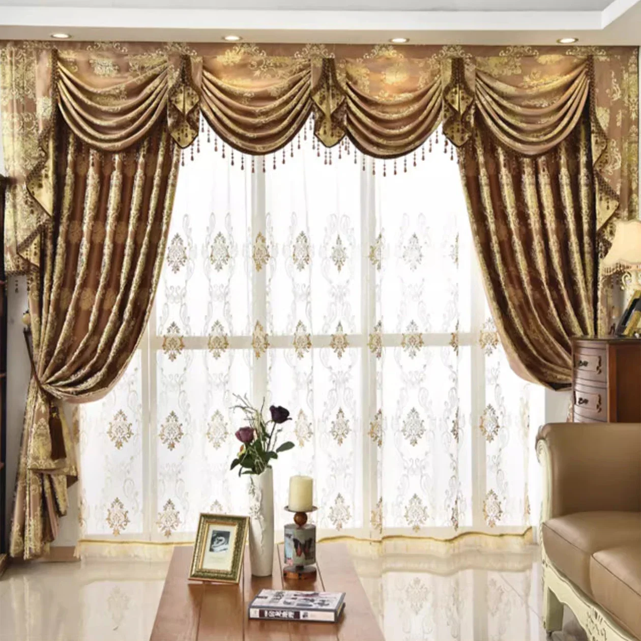 

Luxury Curtains for Living Room European Classic Valance Curtain Head High Windows Bedroom Sunshade Heat Insulation for Villa