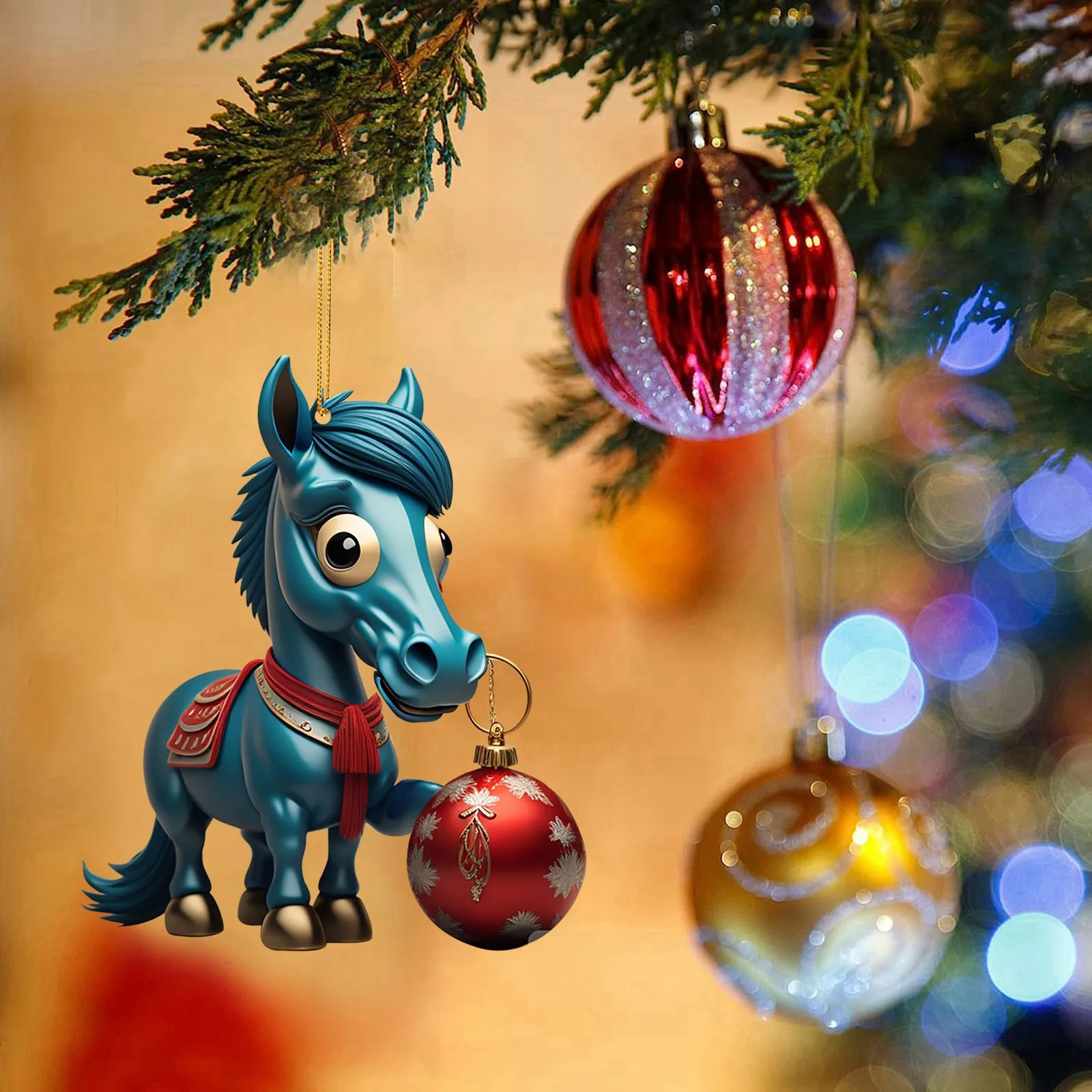 Adornos colgantes de acrílico para árbol de Navidad, decoración navideña 2D, caballo de dibujos animados, pisar, bola de Navidad, accesorios