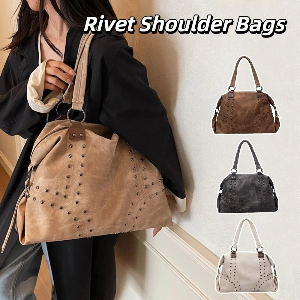 

PU Leather Rivet Shoulder Bags Large Capacity Retro American Style Locomotive Style Underarm Bag Solid Color Fashion Design