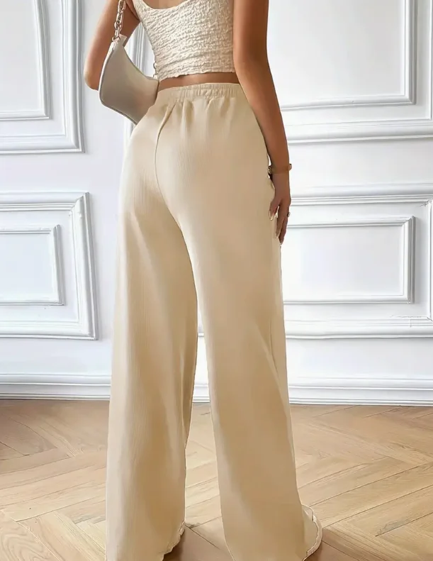 กางเกงขากว้างมีเชือกผูกเอว กางเกงขากว้างลำลองและอเนกประสงค์ กางเกงเอวสูงสำหรับเสื้อผ้าสตรีฤดูใบไม้ผลิและฤดูร้อน