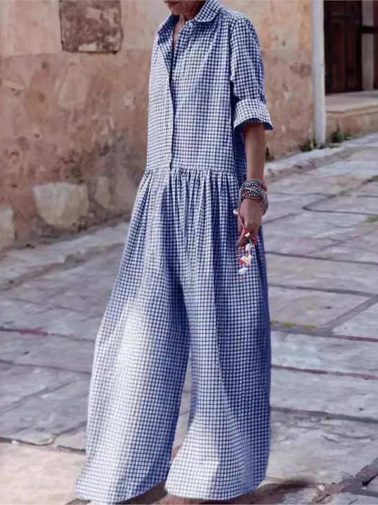 

Women's Casual Plaid Jumpsuit Fashion Long Sleeve Wide Leg Pants Loose Jumpsuits For Women Streetwear Womens Clothing Spring New