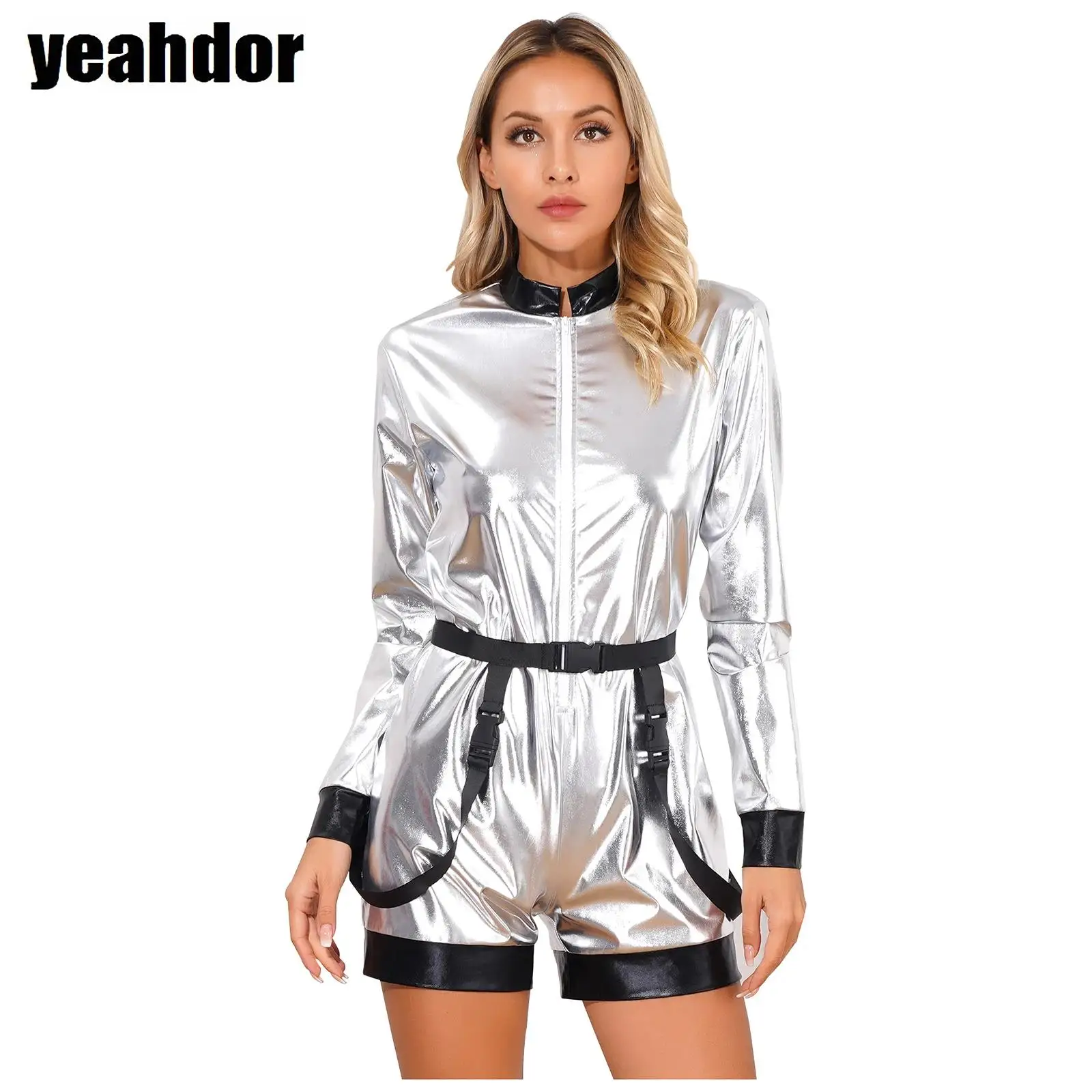 

Women Space Alien Cosplay Costume Metallic Shiny Astronaut Jumpsuit Waist Belt Zipper Boyshorts Bodysuit Halloween Robot Clothes