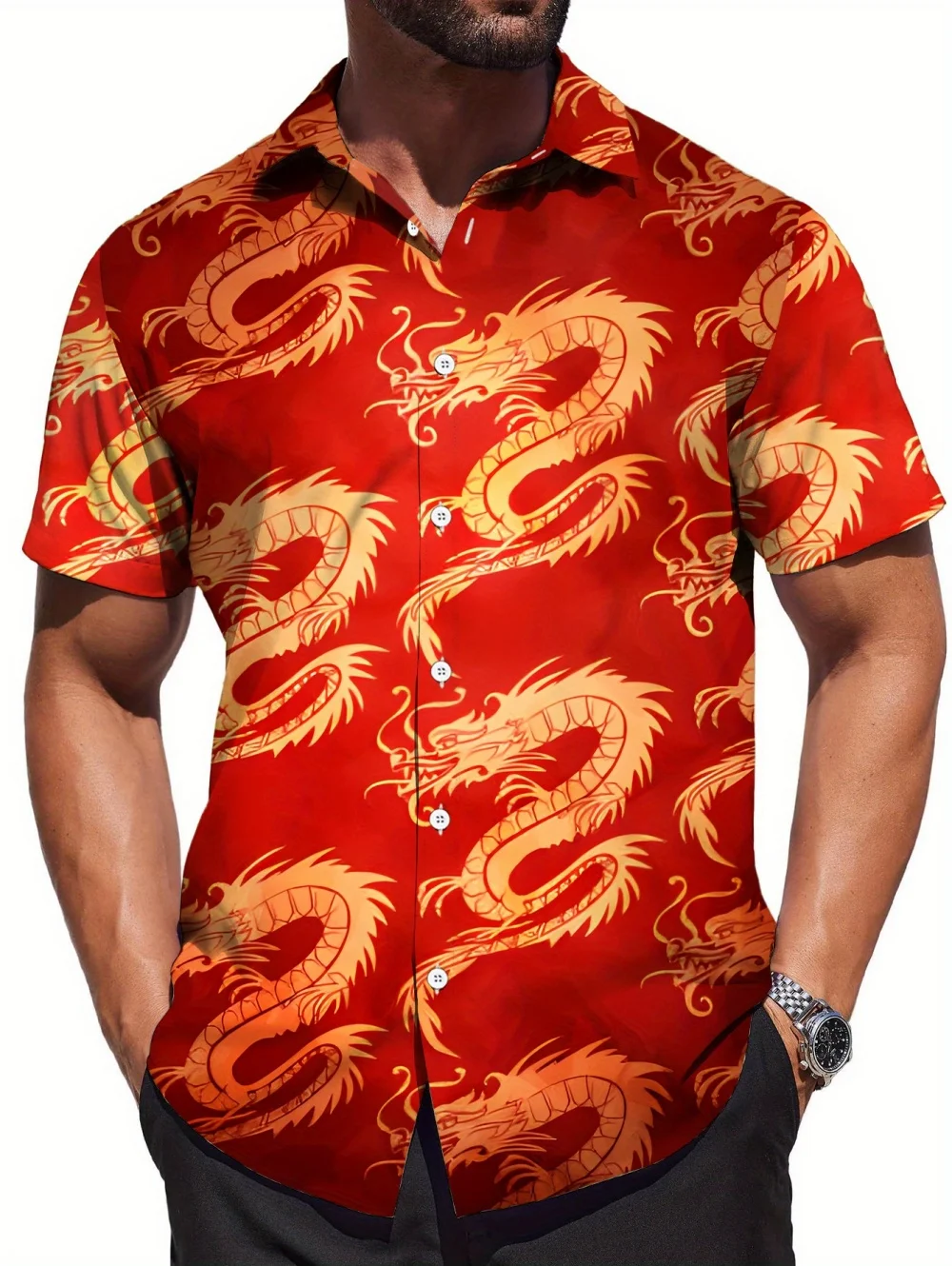 

Мужская летняя повседневная рубашка с коротким рукавом и принтом китайского дракона, в ретро-стиле, быстросохнущая, для активного отдыха и отпуска