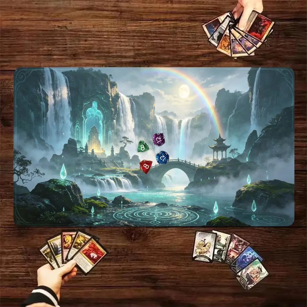 Oriental Fantasy Waterfall Mountain Temple TCG Play mat Volcano Scene Trading Card Game Desk Mat Non‑Slip Rubber Mouse Pad
