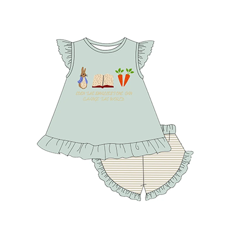 Easter Boutique Short Sleeve Round Neck Rabbit French Knot Girl Green Romper Boy Blue Top Clothes And Pleated Skirt Pants