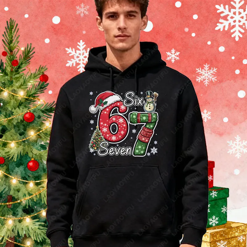 Six Seven 67 Lustiges Meme, süße Weihnachtsfamilie, Unisex, langärmelig, mit Kapuze, frohes neues Jahr! Urlaub Herbst Winter Wärme Sweatshirt