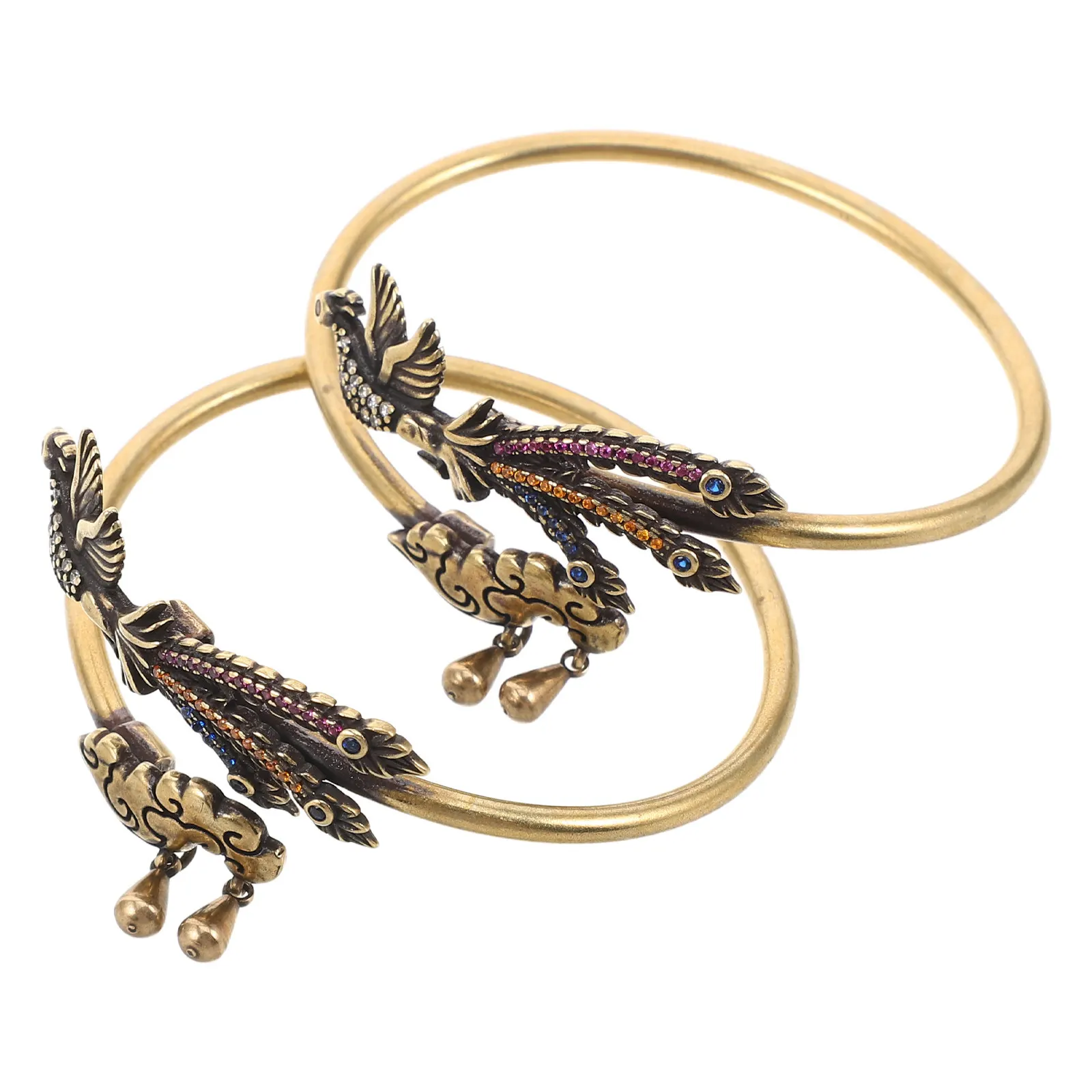 2Pcs Vintage Brass Bangle Bracelet Adjustable Open End Coral Animal Motif Traditional Chinese Style Comfortable Cuff Statement