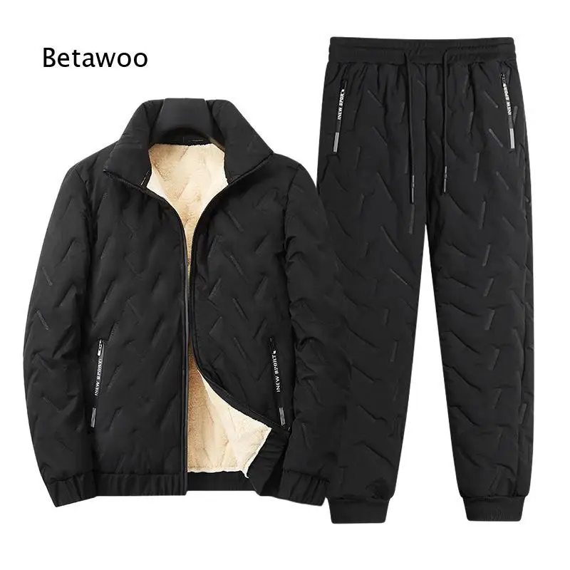 Men Stand Collar Fleece Lined Padded Set Zip Up Loose Two Piece Suit Thick Warm Winter Outfit for Daily Street Wear