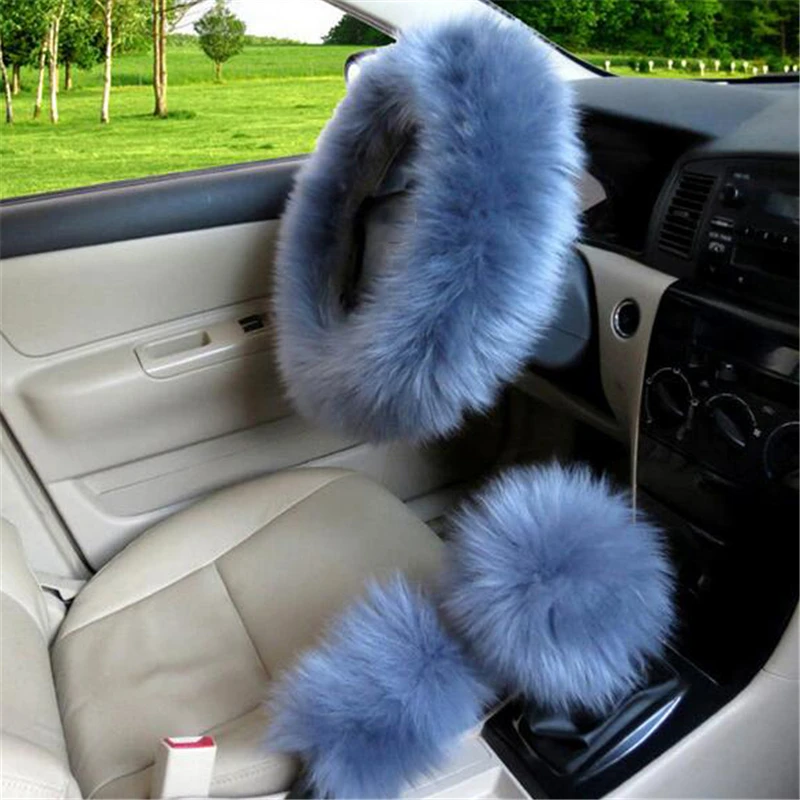 

3pcs/set Car Steering-wheel Cover Long Australian Wool Heated Fur Genuine Leather Steering Wheel Cover