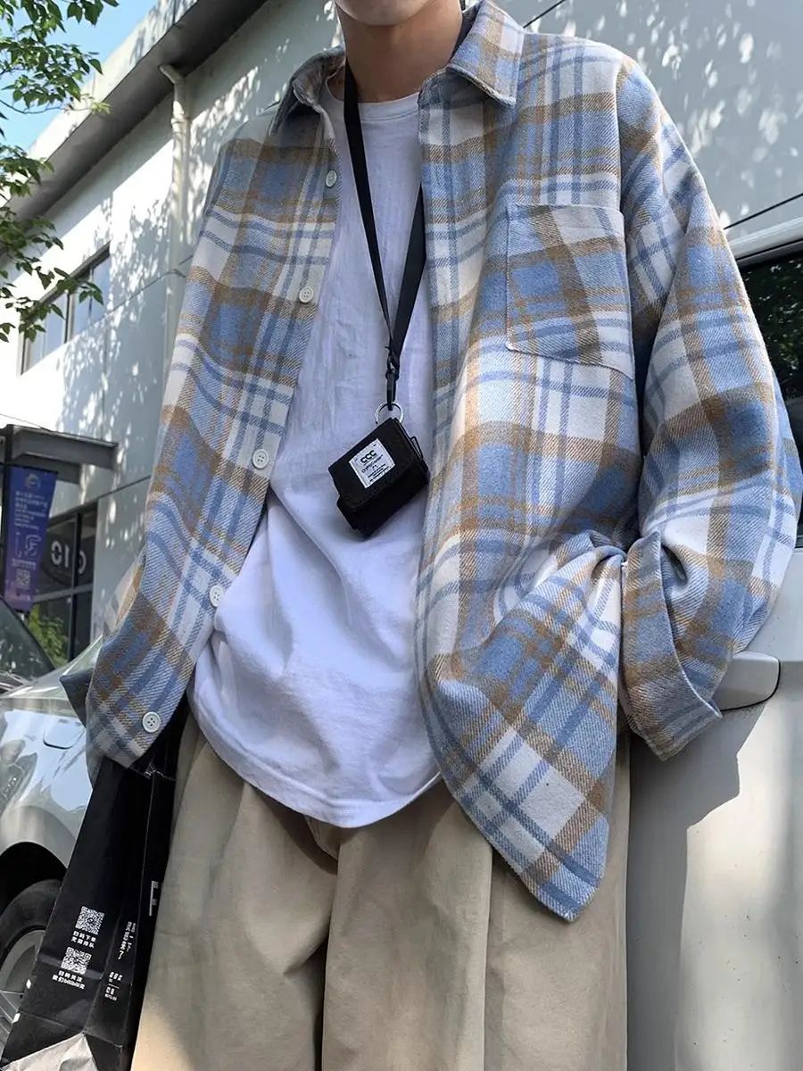 Spring New Style Men's Casual Loose Long Sleeve Woolen Plaid Shirt Trendy Outerwear Coat Youth Popular Polyester Fabric