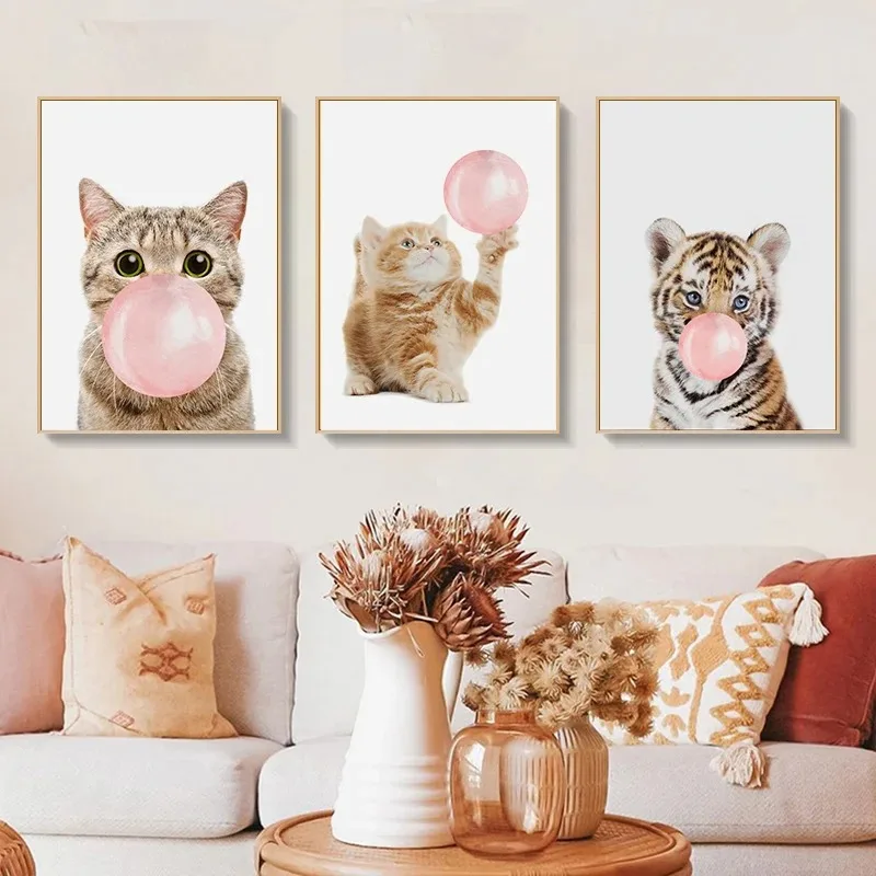 Frameless Nordic Wall Art Cat Tiger Cub pink Balloon Bubble Gum Canvas Poster  Print Painting Picture Children Bedroom Decor