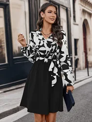 Fashion V-neck Long Sleeve Print Dress Women 2024 Spring Elegant Office Dresses For Women Robe Femme