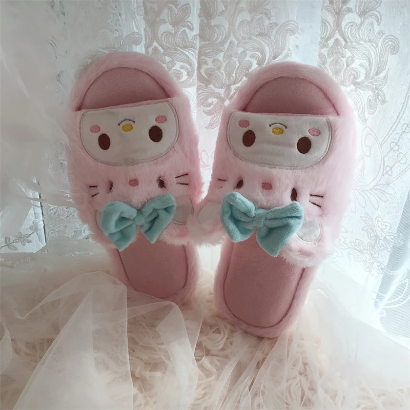 Kawaii Kuromi My Melody Cartoon Slippers Women Girl Anime Flat Peep Toe Plush Indoor Shoes Non-slip Casual Pink Spring Autumn