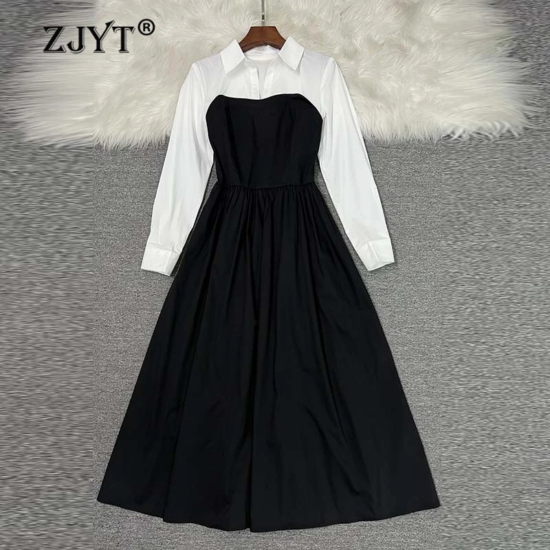 

ZJYT Elegant Hit Color Cotton Shirt Dress Women Autumn New Long Sleeve White Black One Piece Mid Calf Dresses Party Vestidos