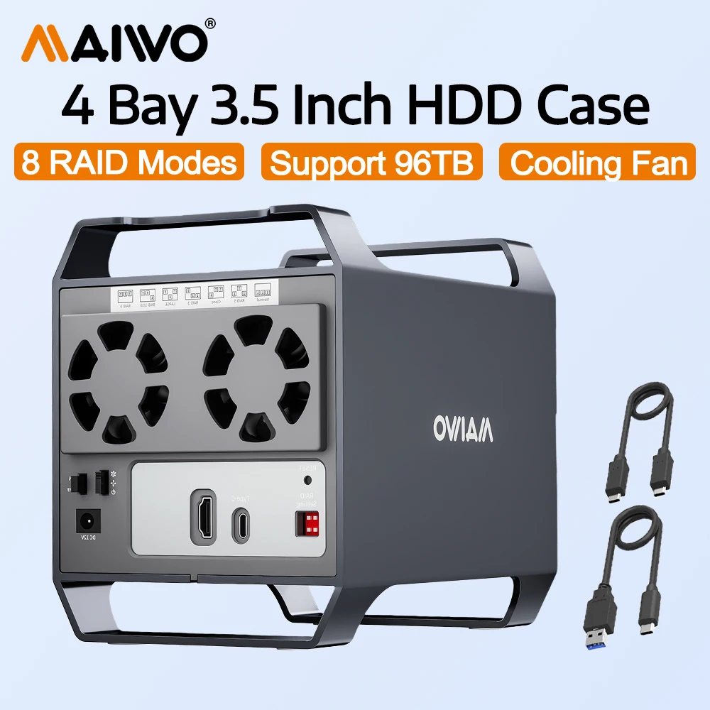

Внешний RAID-кейс MAIWO на 4 отсека для HDD 3,5 дюйма с вентилятором, поддержка RAID 0/1/3/5/10, клонирование, до 96 ТБ