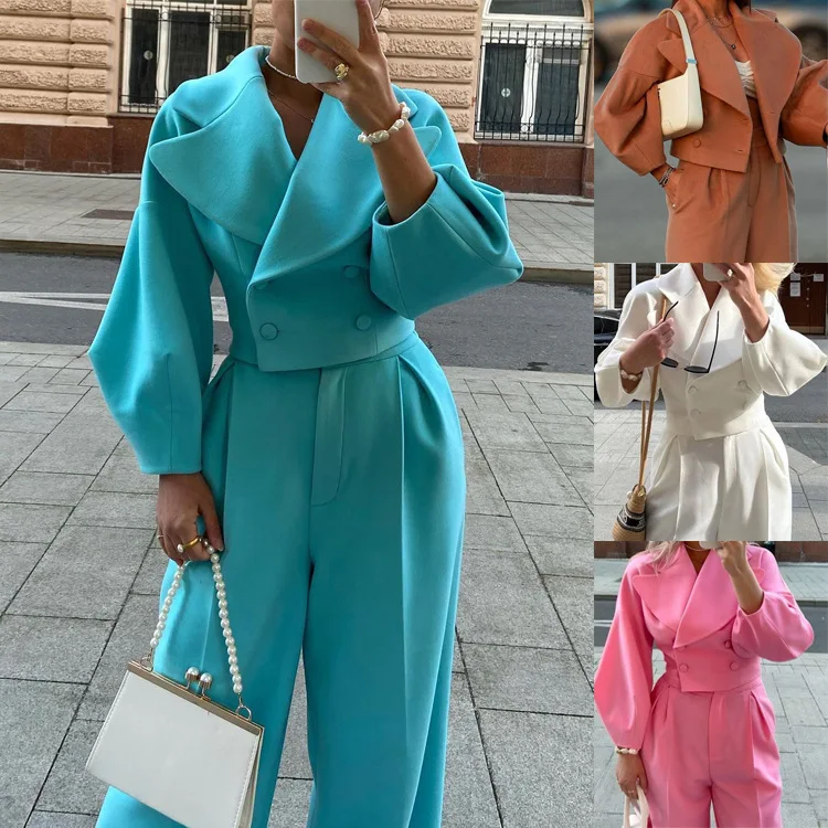 

Новые повседневные прямые брюки с высокой талией, комплект из двух предметов, модная женская зимняя одежда, костюм, женский наряд