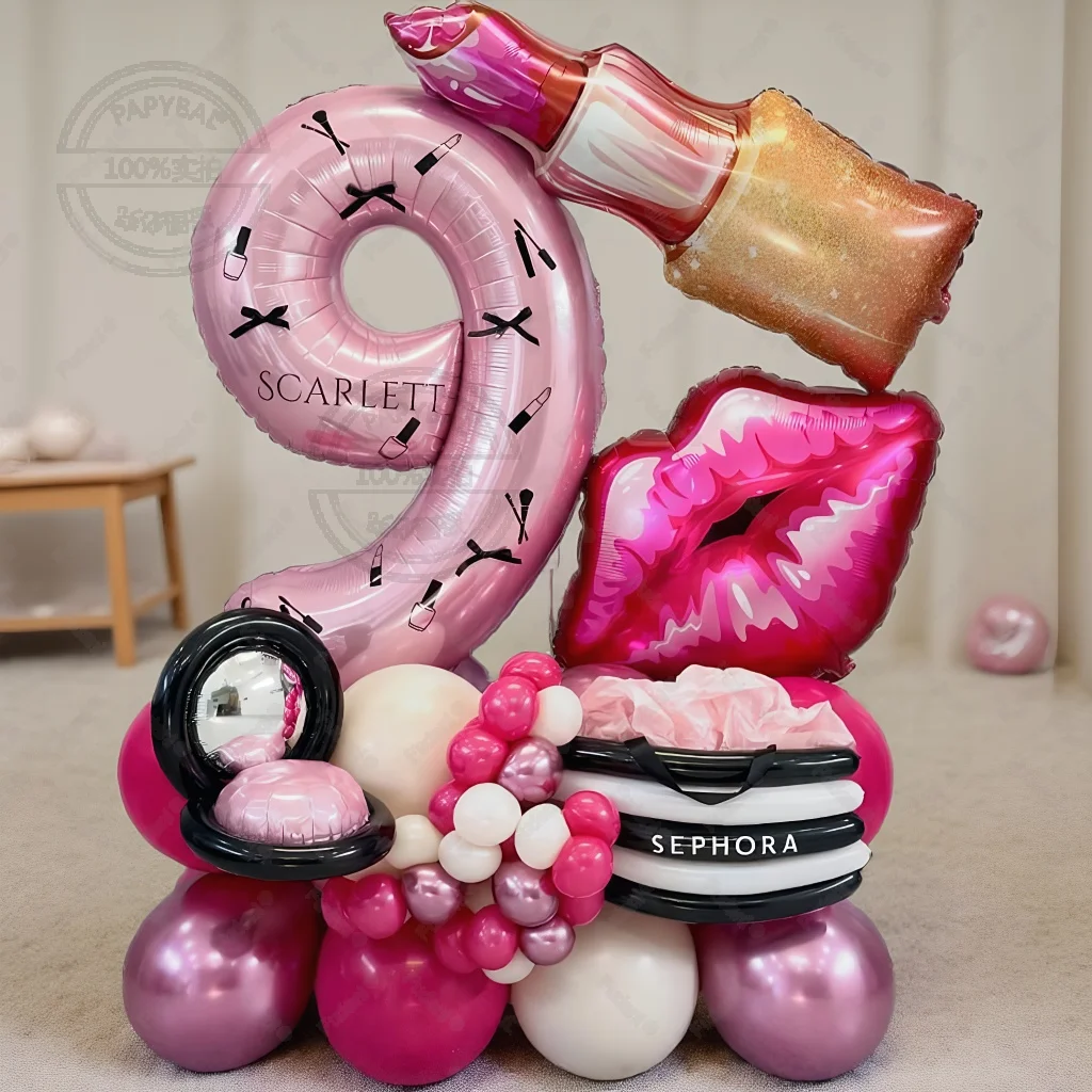 65-teiliges rosa Make-up-Themen-Ballon-Set, Lippenstift, Aluminiumfolie, Ballon, Geburtstag, einzelne Braut, Party, Jahrestag, Dekoration, Zubehör