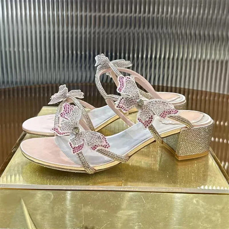 

Summer Square Heels Sandals Women Rhinestone Butterfly Flower Bohemian Style Shoes Woman High Heels Slippers Woman Sandalias