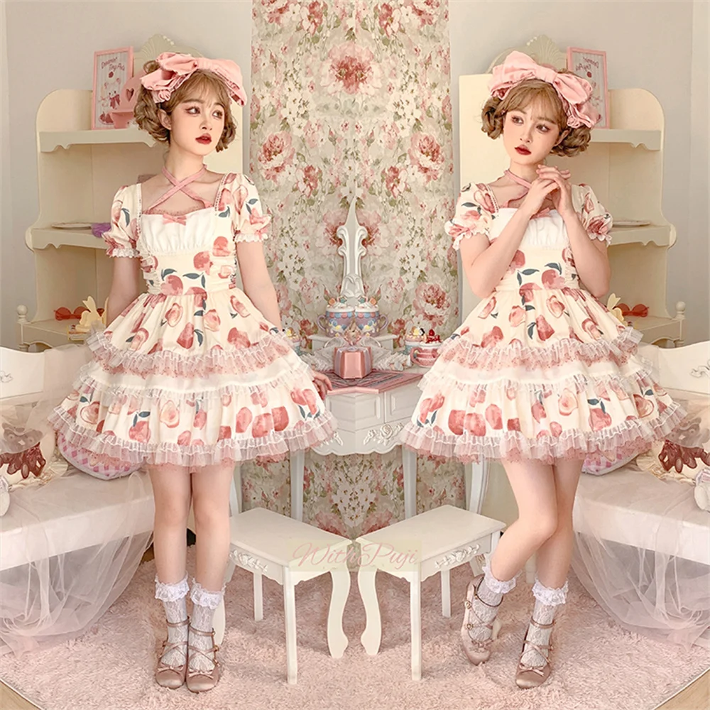 Rosa Pfirsich Druck Süße Mädchen Spitze Rüschen Lolita Kleid Nette Prinzessin Hohe Taille Quadrat Kragen Cosplay Lolita Kleid Op