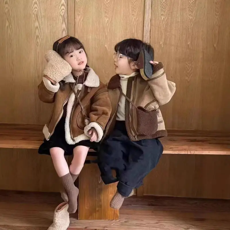 

Boys Girls Warm Coat Autumn Winter Pure Color Jacket Lapel Thickened Outerwear Comfortable Windproof 4-8 Years Children Clothes