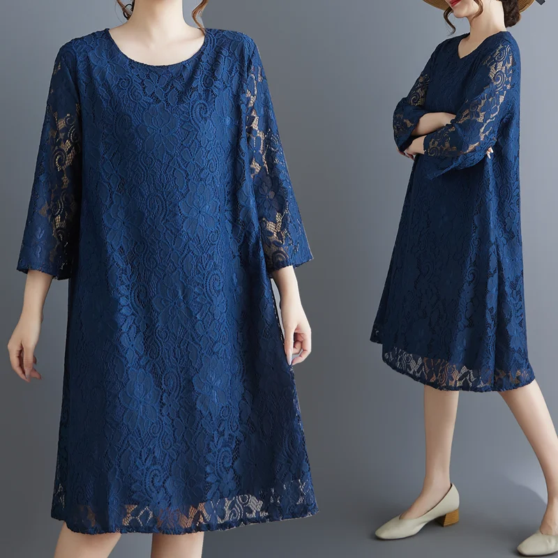 Blue Lace Hollow out round Ne A-Line Dr Simple Korean Sle Cotton Polyester Blend Commute Wear Summer Season Midi Dr