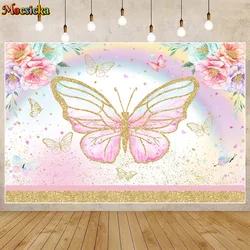 Mocsicka Golden Butterfly Backdrop Girl Princess Birthday Party Photo Background Decoration Floral Rainbow Props for Photography