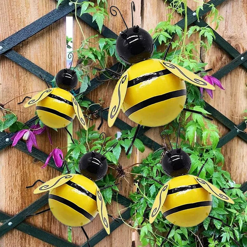 Outdoor Garden Fence Decor 3D Bumble Bee Wall Art Decoration Bee Wall Art Sculpture Hanging, 4 Pcs