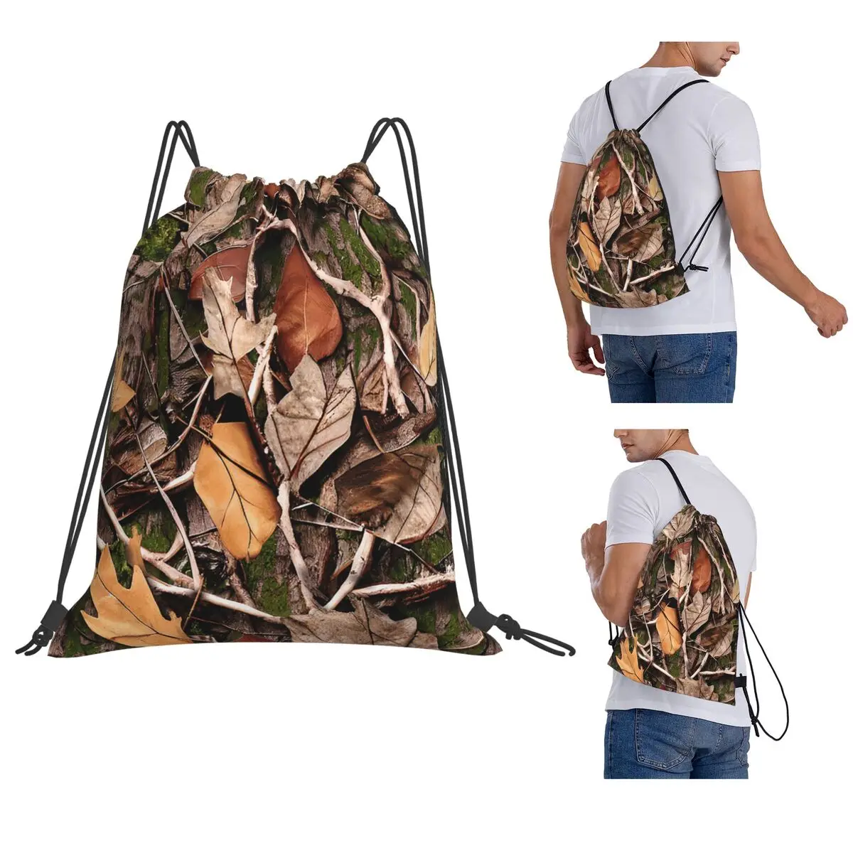 Realistic Tree Hunting Camo Leaves Sticks And Bark Camoflouge Backpacks Multi-function Drawstring Bags Sports Bag Book Bags
