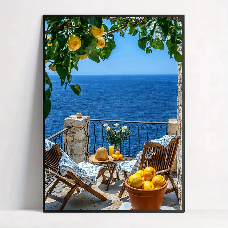 Italian Lemon Tree Boat Amalfi Seascape Retro Mediterranean Landscape Poster Canvas Painting Wall Art Pictures Home atio
