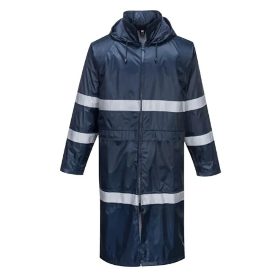 F438 Men's Waterproof Raincoat - Reflective Long Rain Jacket with Hood and Pockets Navy, 4X