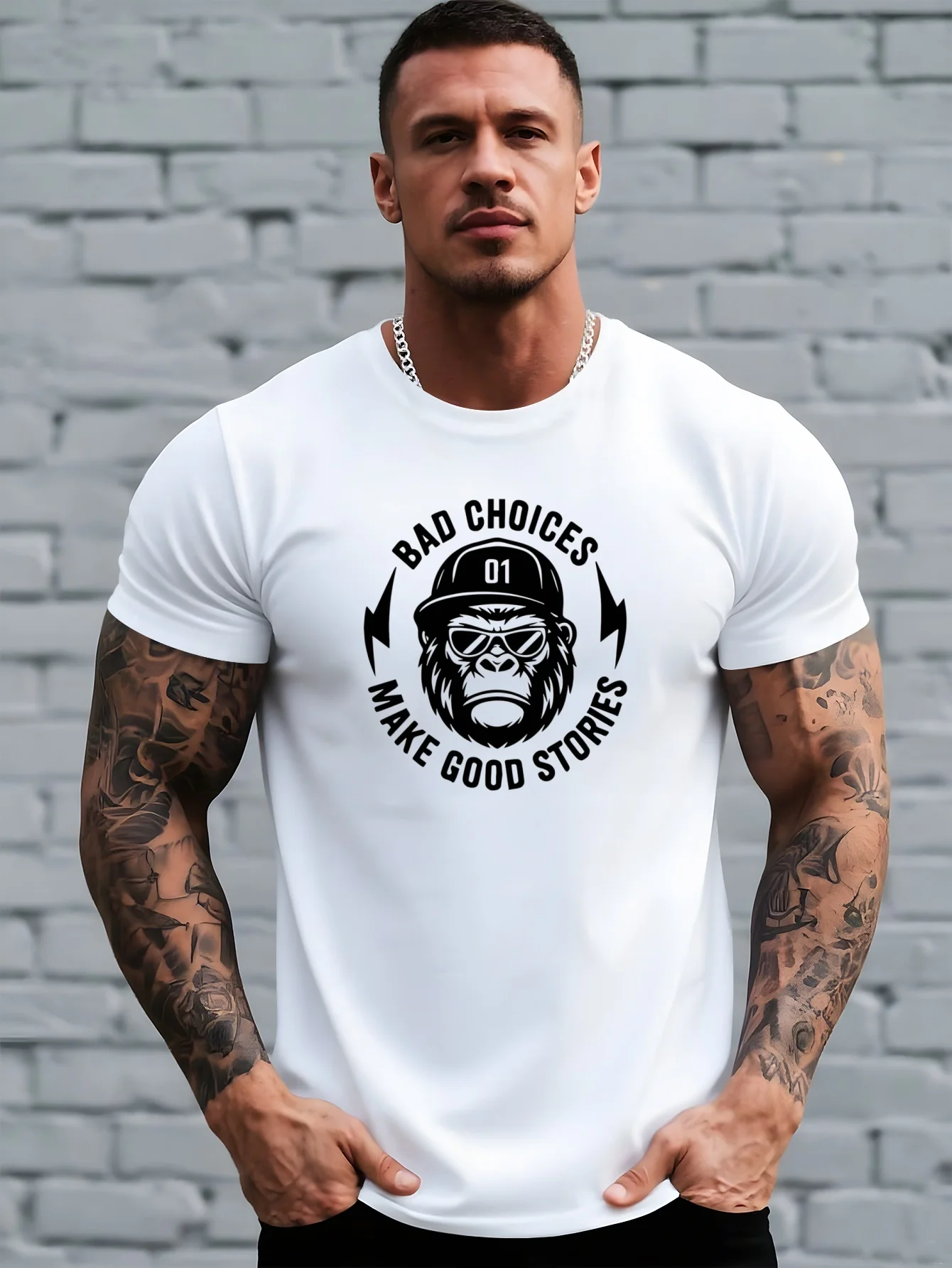 Men's Summer 100% Cotton Casual Fashion BAD CHOICES MAKE GOOD STORIES Letter Printed Loose Sports Short sleeved T-shirt