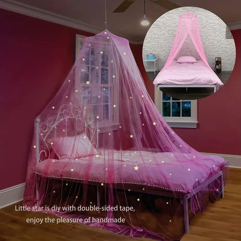 Bed Canopy For Girls With Glowing Stars - Princess Pink Baby Canopy For Bed Netting Room Decor Ceiling Tent Kids Bed Curtains