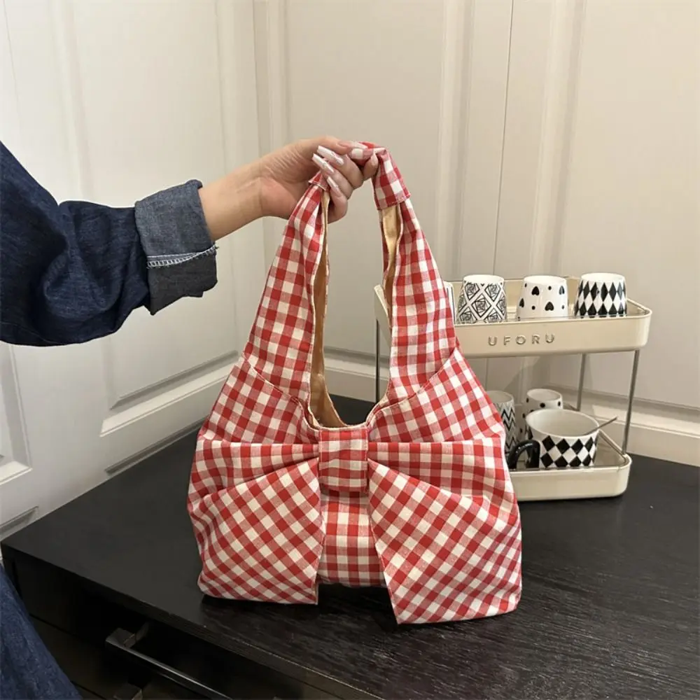 

Simple Korean Style Bow Shoulder Bag Bowknot Large Capacity Plaid Tote Bag Printing Fashion Handbag Outdoor