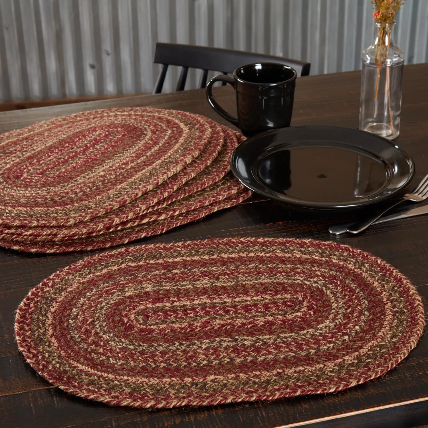 Cider Mill Primitive Jute Red Textured Striped Oval Kitchen Placemat Set of 6 12