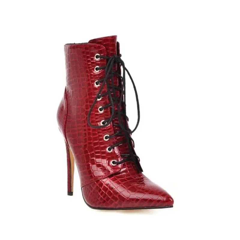 Sexy Ankle Cowboy Boots For Women Dance Shoes Fashion Snake Red White Black High Heels Lace Up Short Boot Autumn Large Size 46