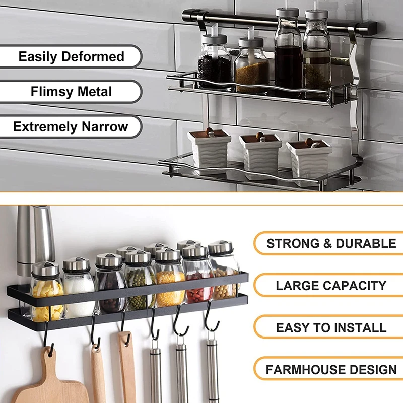 Farmhouse Spice Rack Organizer For Wall Mount - 2 Pack Drill-Free Spice Shelf Storage Organizer,Great For Kitchen Pantry