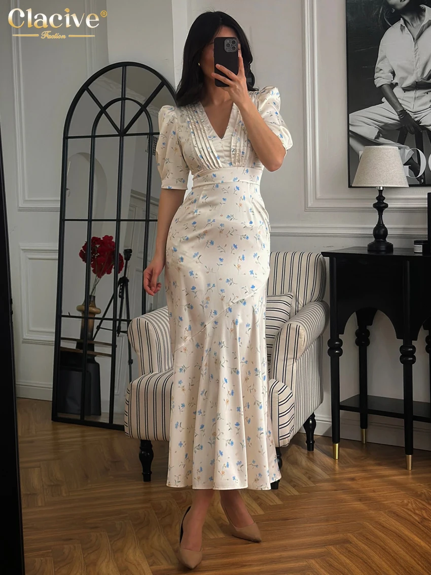 

Clacive Summer Slim Print Women's Dress 2026 Sexy V-Neck Short Sleeve Ankle Length Dresses Elegant Classic High Waist Female Dre