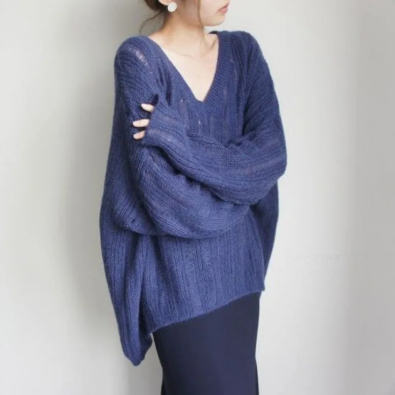 Women's Mohair Style V-Neck Sweater, Loose Fit Lightweight Knit Pullover, Elegant Minimalist Fall Winter Top